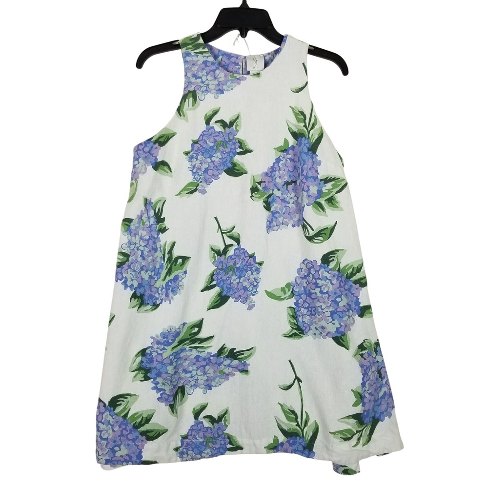 Joie Hydrangea Floral Dress Womens XS White Blue Linen Blend Cutout Back Shift